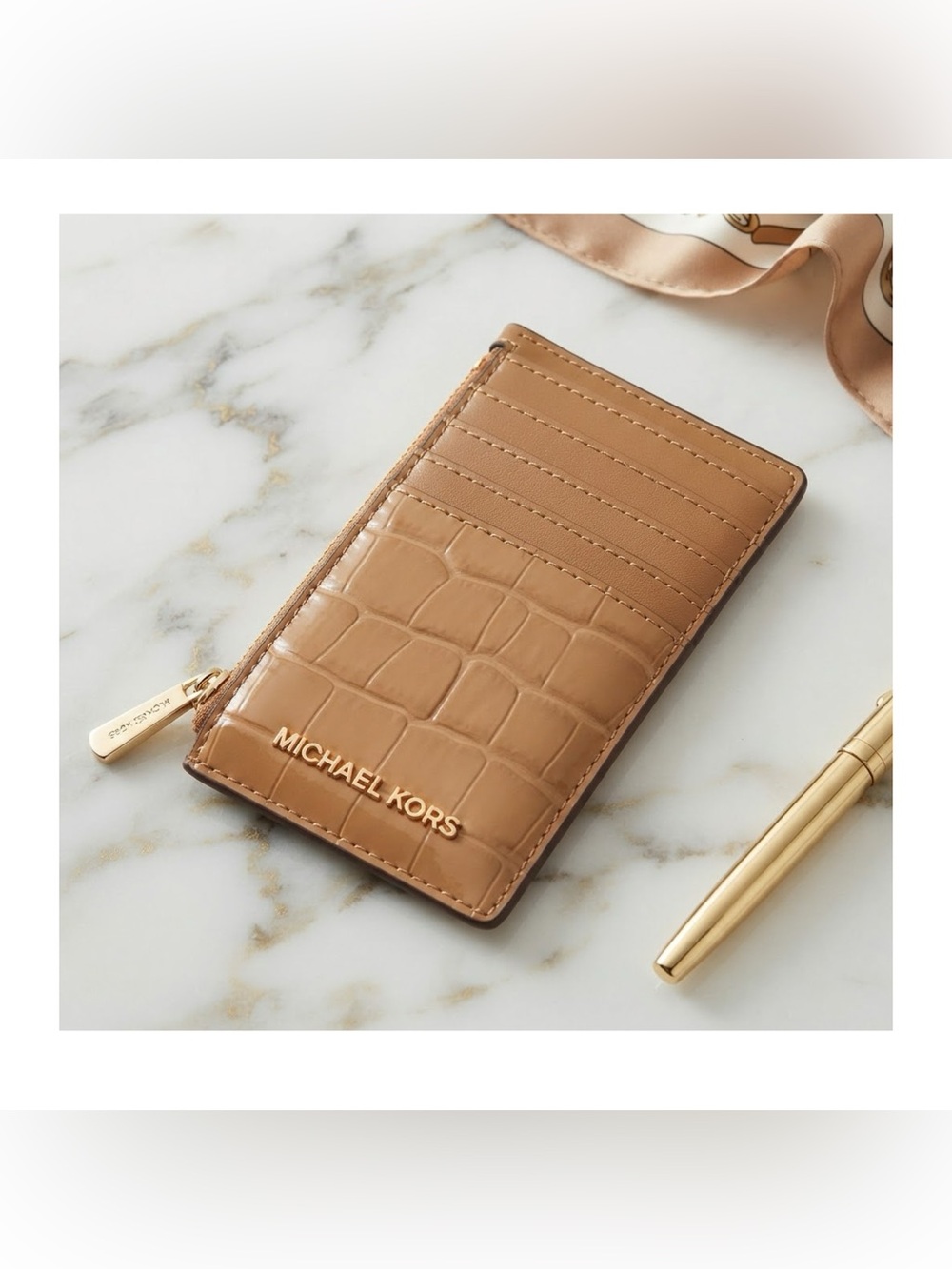 💜🆕💜 Michael Kors Jet Set Travel Medium Top Zip Card Case~In Deer Caramel Brown